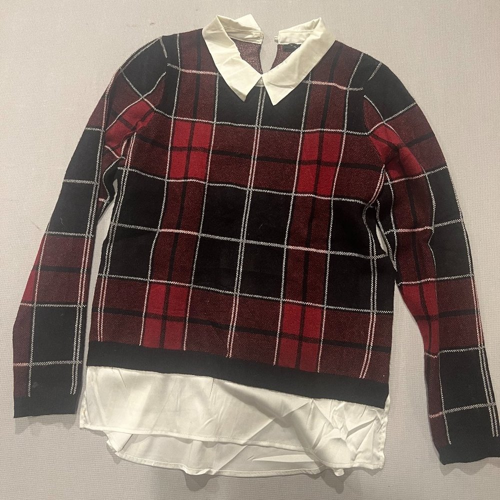 Red/black/White: Tahari sweater with collar and undershirt look